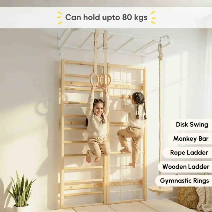 Curious Cub Space Saver Jungle Gym 4 | 5 Components - Wooden Ladder, Rope Ladder, Monkey Bar, Gymnastics Rings, Disk Swing | Ages 4-15 Years