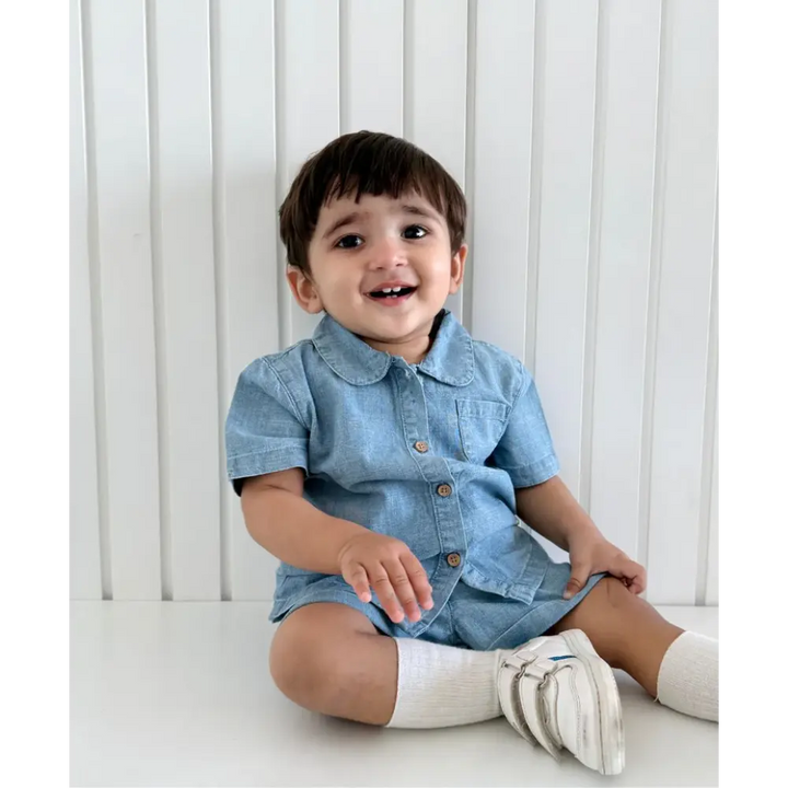 Sweetlime By AS Cotton Denim Shirt &amp; Shorts Co-ord Set - Blue