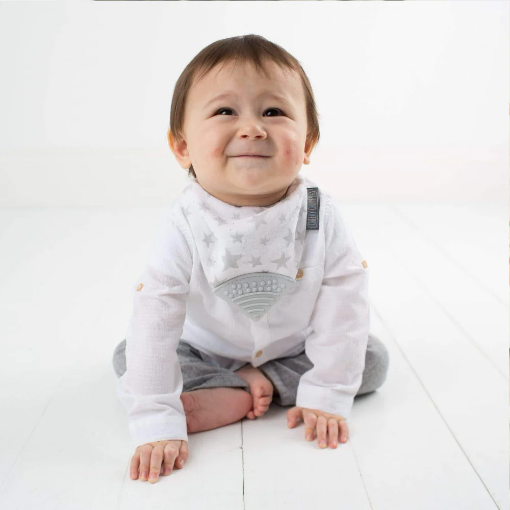 Cheeky Chompers Muslin Bib with Teether - Pack of 2 - Silver Stars - Pear Drop