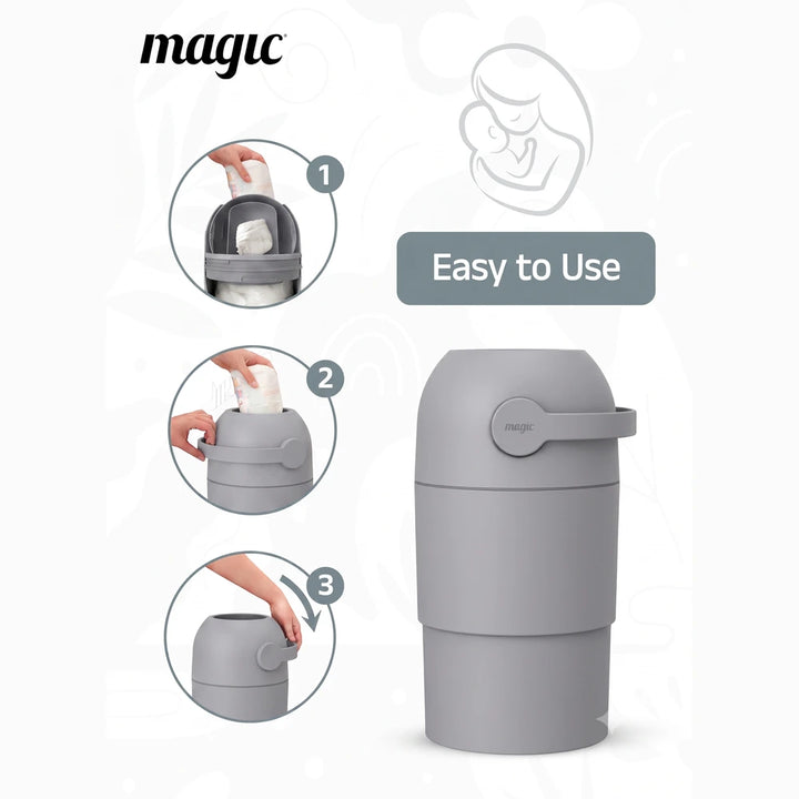 Magic THOTH M Diaper Pail, Odorless Nappy Bin, Compact &amp; Space-Saving Design, Compatible with Regular Plastic Bags, Converts for 2nd Life Use, Holds Up to 25 Newborn Diapers - Concrete