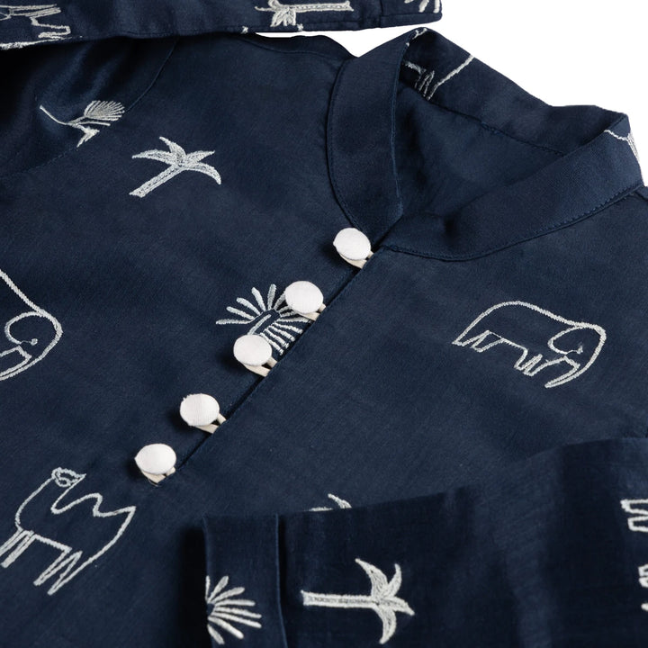 Dulaar Chanderi Kurta Pyjama Set for Boys | Embroidered-Magical Jungle (Royal Blue)