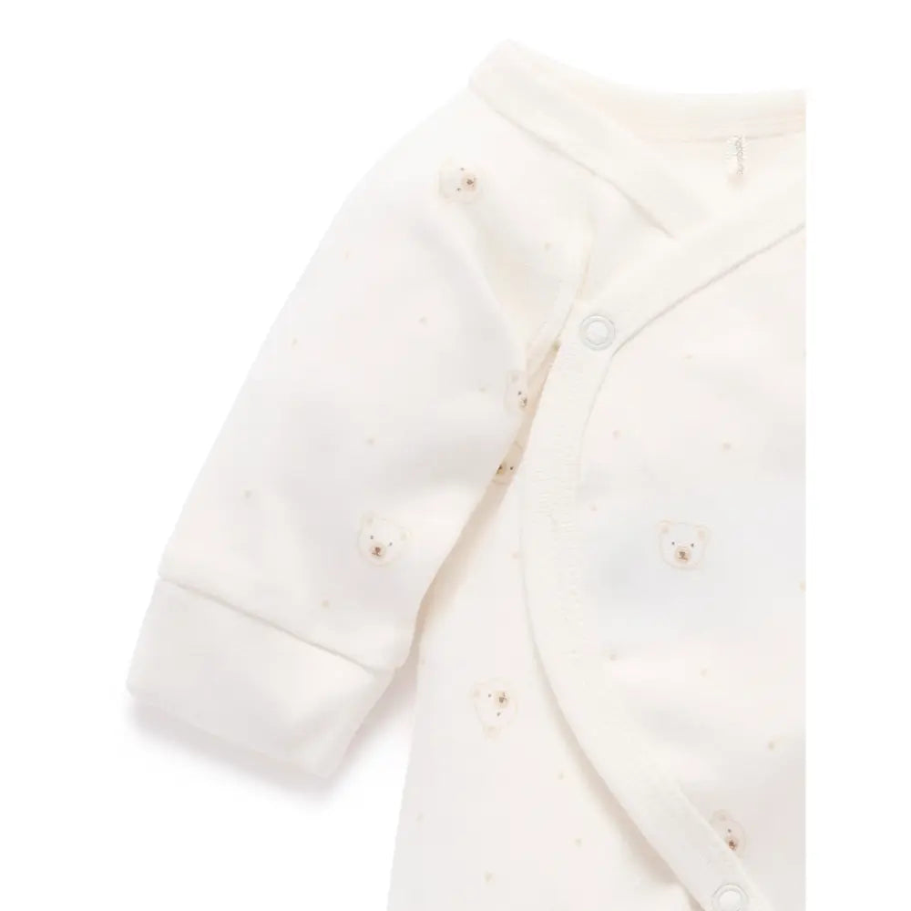 Purebaby Organic Bear Cotton Preemie Baby Crossover Long Sleeve Growsuit - Vanilla