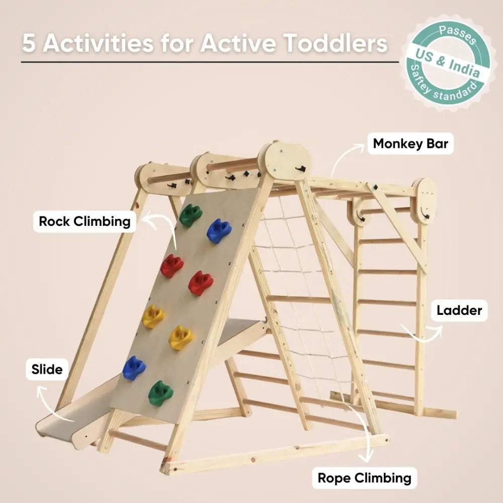 Curious Cub Foldable Indoor Jungle Gym | Montessori Multi-Activity like Slide, Swing, Monkey Bar, Rope Climbing, Rock Climbing, Wooden Ladder | Space-Saving | Ages 2-8 Years