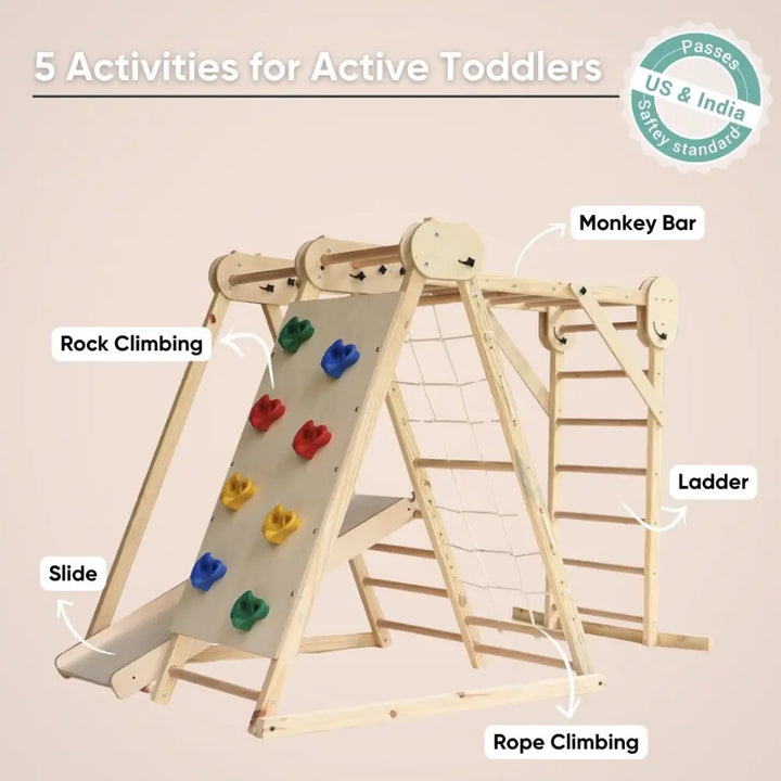 Curious Cub Foldable Indoor Jungle Gym | Montessori Multi-Activity like Slide, Swing, Monkey Bar, Rope Climbing, Rock Climbing, Wooden Ladder | Space-Saving | Ages 2-8 Years