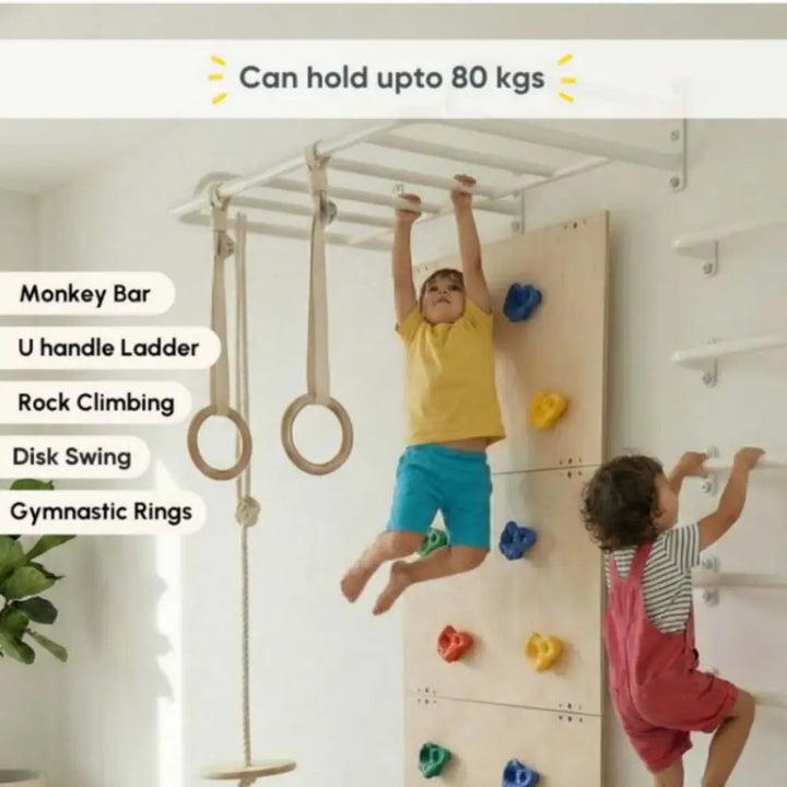 Curious Cub Ultimate Jungle Gym 3 | 5 Components - Rock Climbing, Monkey Bar, U Handles, Gymnastic Rings, Disk Swing | Ages 4-15 Years