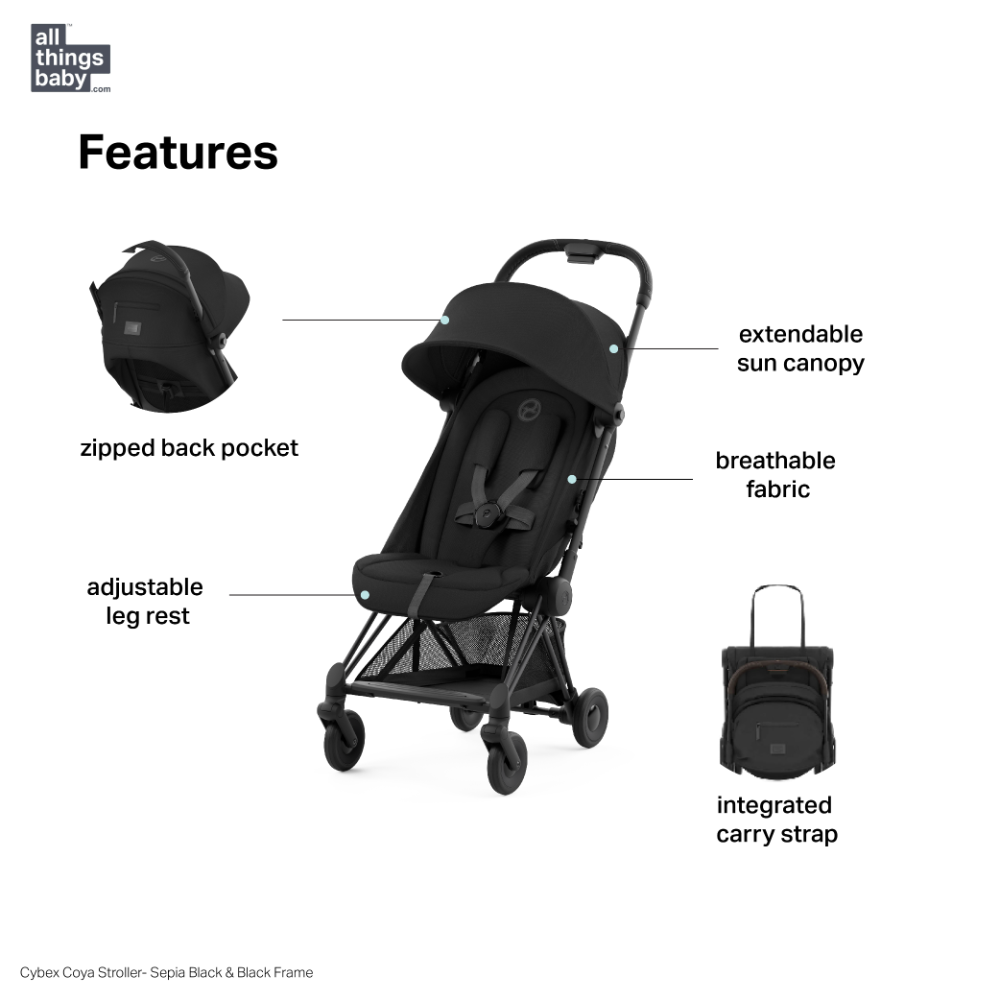 Cybex COYA Compact Travel Friendly Stroller - Sepia Black Matt Black Frame