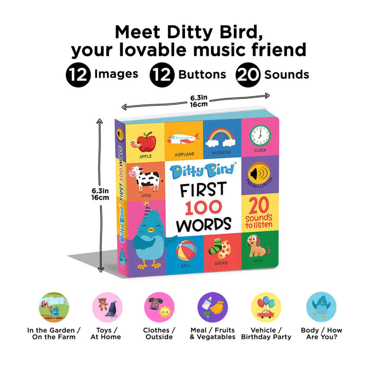 Ditty Bird Musical Book - Fun &amp; Interactive Nursery Rhyme Book for Toddlers, Baby Sound &amp; Music Book, 12M+, USB-C Rechargable - First 100 Words
