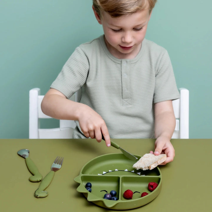 Trixie Silicone Divided Suction Plate | 100% Food-Grade Silicone Plate with Stick &amp; Stay Base, Compartments &amp; Easy-Clean Design | 4 Months Onwards | Mr. Dino