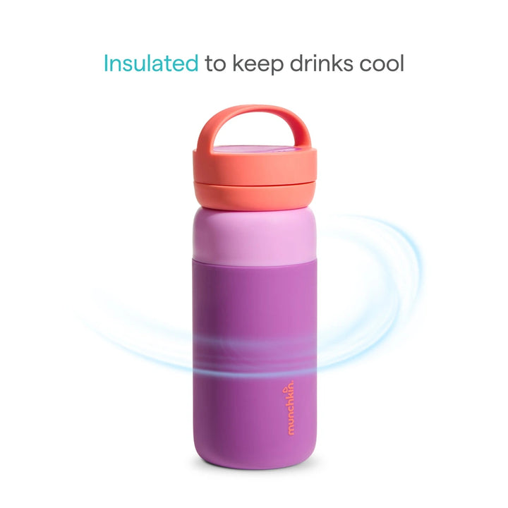 Munchkin Stay Cool Insulated Water Bottle, 355ml/ 12oz, Toddler Straw Bottle, With Flip Flop Lid &amp; Carrying Handle, Spill Proof valve, 24+ Months - Purple