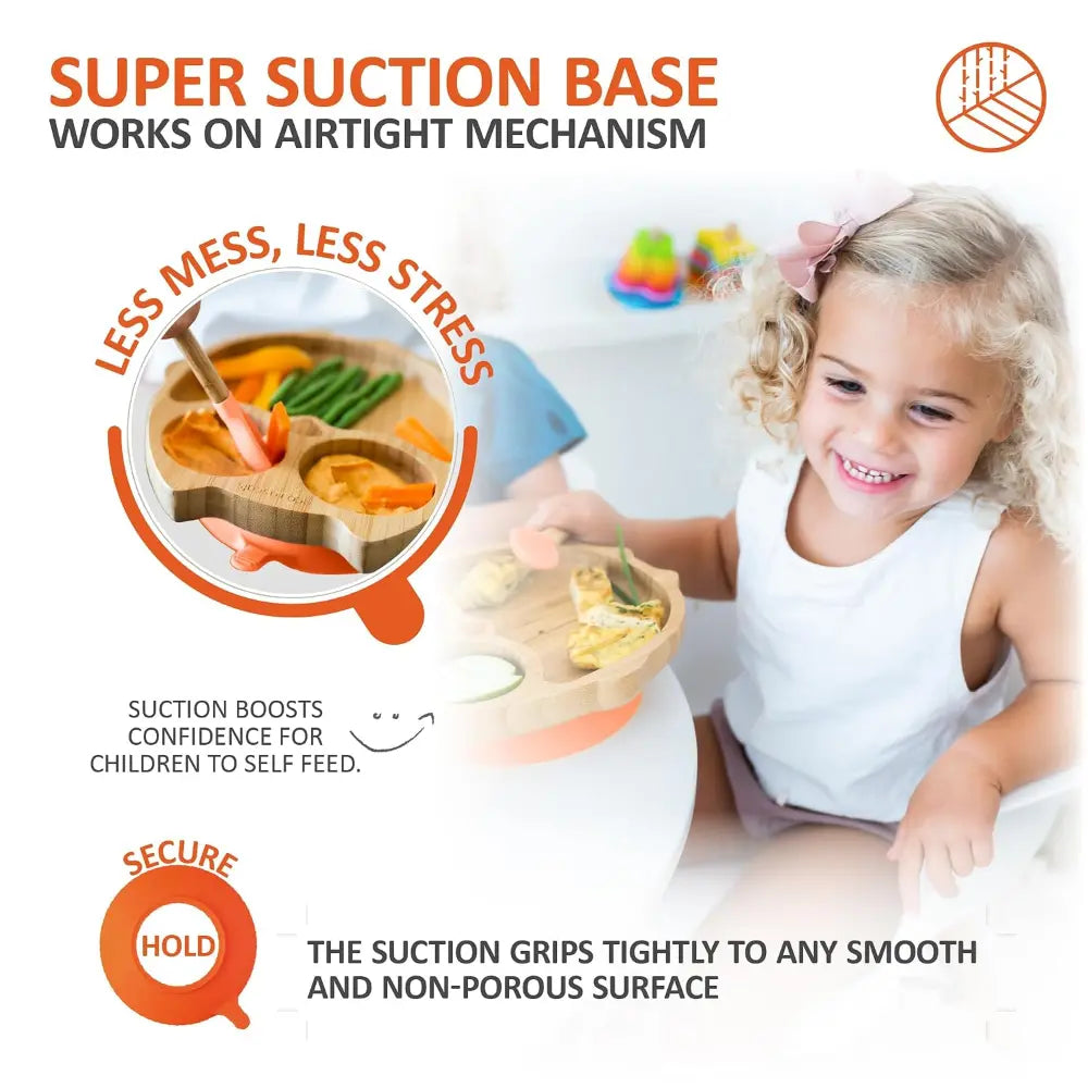 Eco Rascals Bamboo Owl Shaped Plate - Baby Led Weaning, 3 Section Plate - Non Toxic, Natural Bamboo with Strong Suction, FDA Approved, 100% Silicone Suction Bases, BPA-PVC Free - Orange