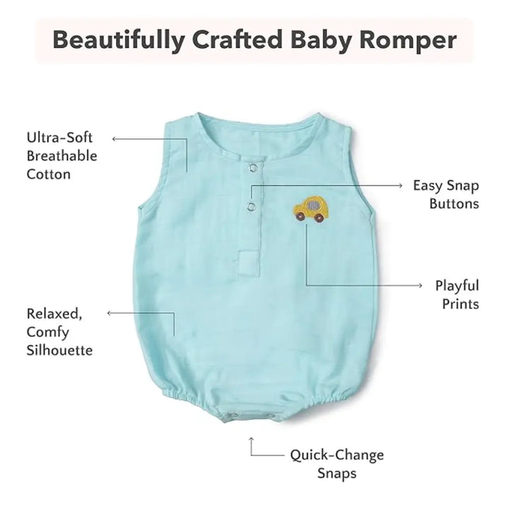 The White Cradle Organic Cotton Baby Romper for Newborn Baby Boy &amp; Girl | Pack of 2 Blue Triangle with Car Infant Rompers | Snap Button Crotch for Easy Diaper Change | Soft Summer Baby Outfit