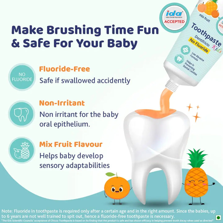 Chicco Toothpaste for Kids (1-6y), Mix Fruit Flavour, 50g | No Fluoride (Pack of 2)