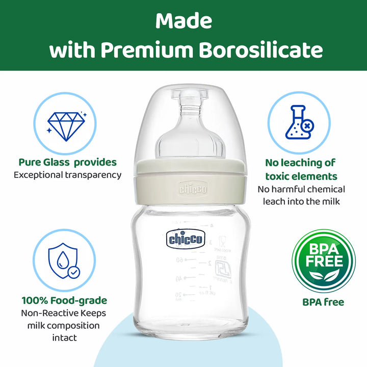 Chicco Well-Being Glass Feeding Bottle (120ml, Slow Flow) - Neutral