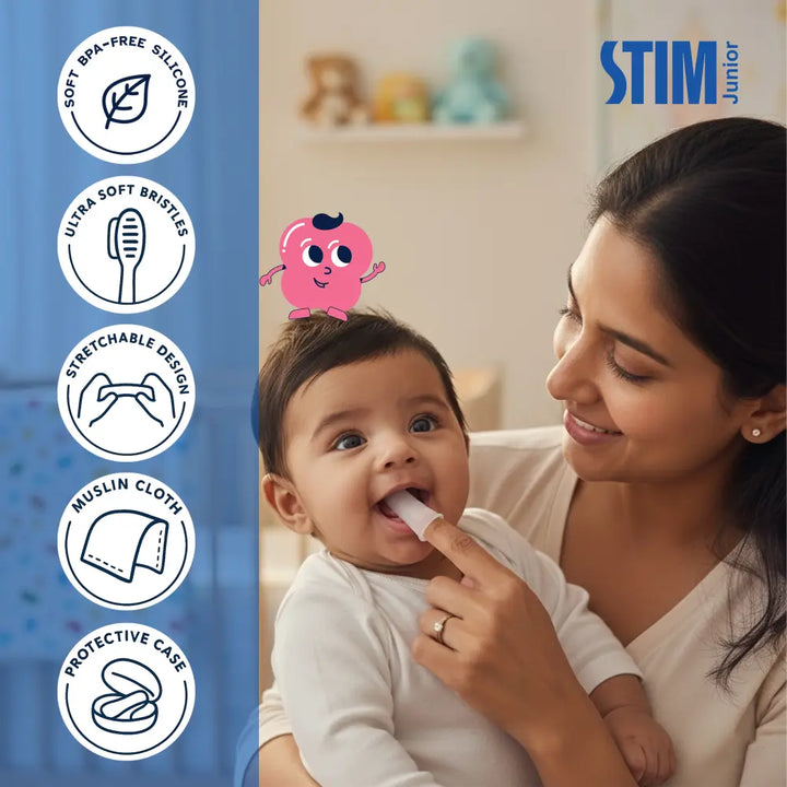 STIM Junior Infant Kit | Finger Brush &amp; Muslin Cloth | 0-12 Months - Multicolor