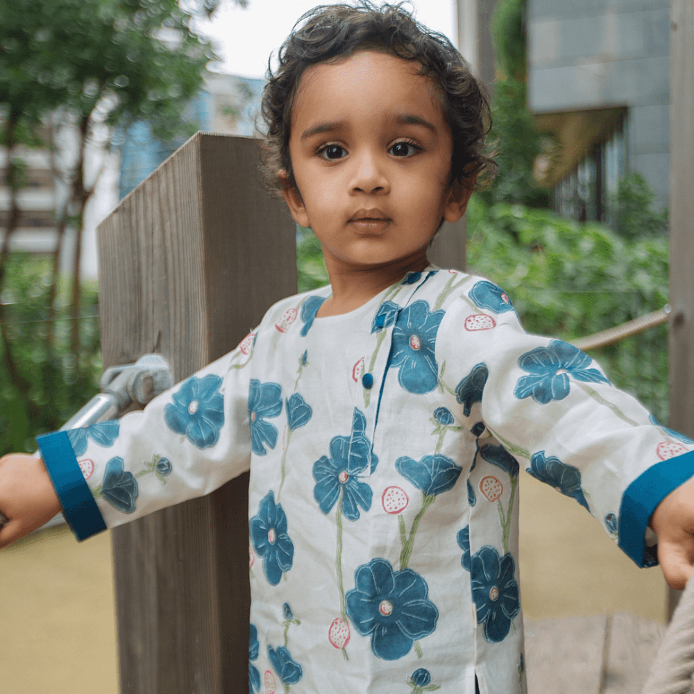 Dulaar Chanderi Kurta Pyjama Neutral Set - Poppy Fields Sapphire