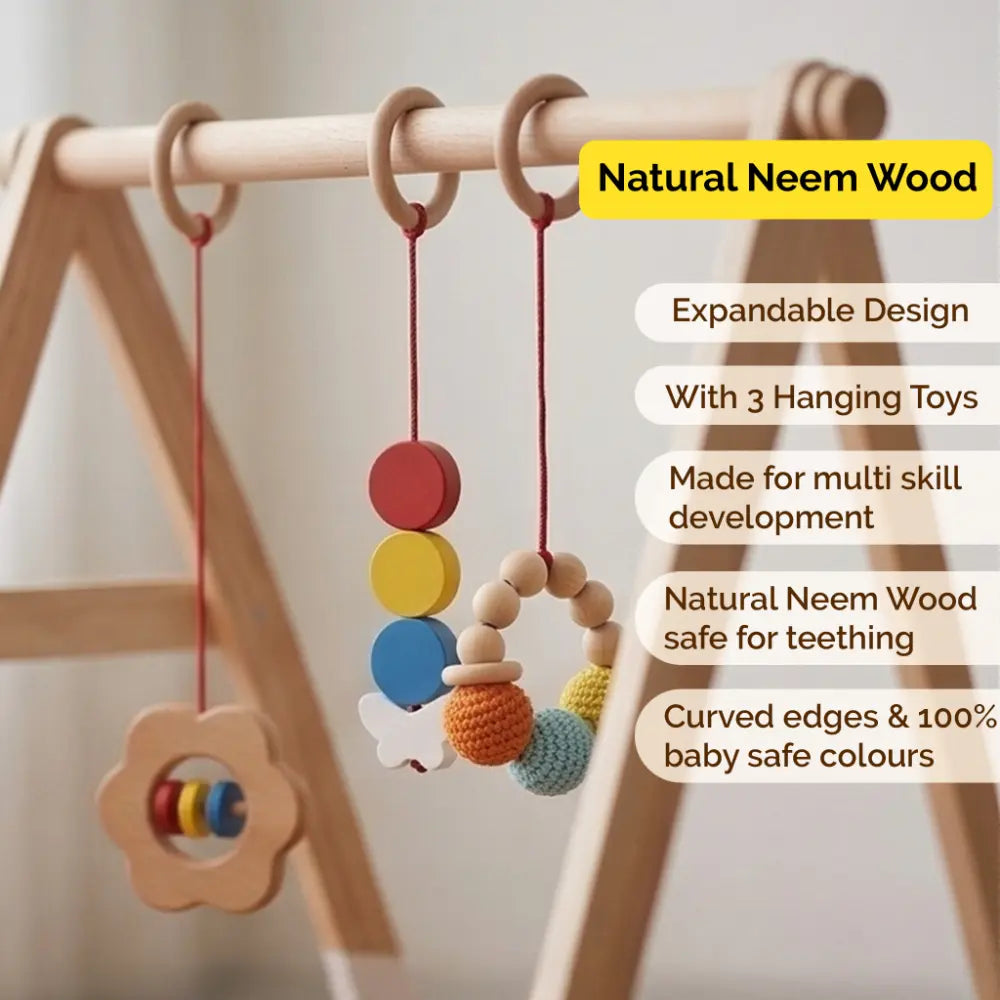 Shumee Wooden Montessori Baby Play Gym | Foldable Neem Wood Activity Gym with 3 Hanging Sensory Toys | Infant Development Toy | 0+ Months