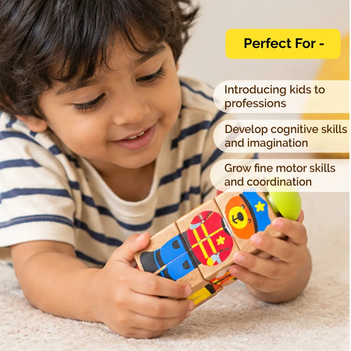 Shumee Wooden Professions Rotating Flipping Blocks Toy – Interactive Mix &amp; Match Community Helpers Puzzle for Toddlers (1 to 3 Years)