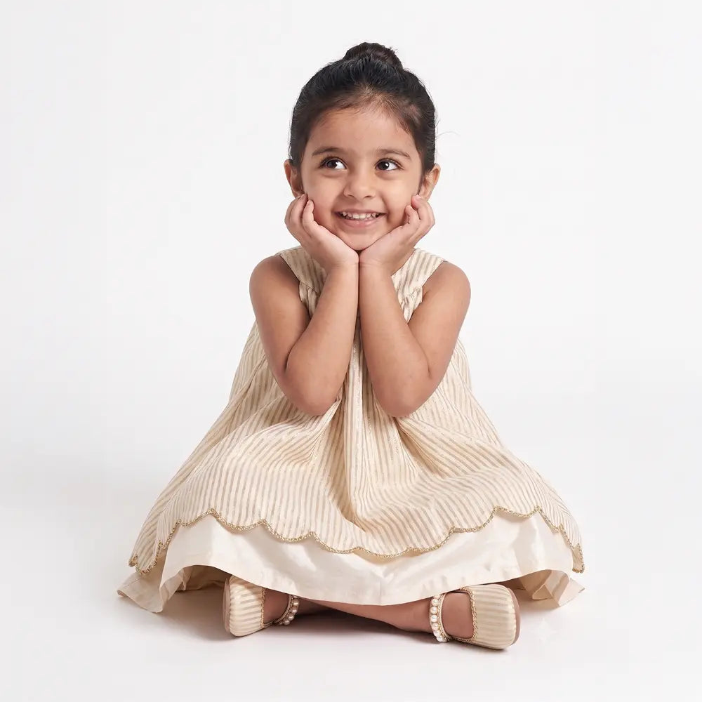 PureCloth.Co Baby Girl Silk Dress | Golden Stripe White Golden Stripe