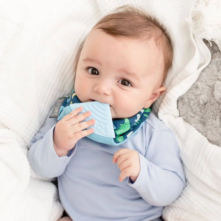 Cheeky Chompers Neckerchew for Babies &amp; Toddlers, Reversible Bib with Attached Silicone Teether, Super Absorbent, BPA-Free, 2–24 Months - Baby Dino