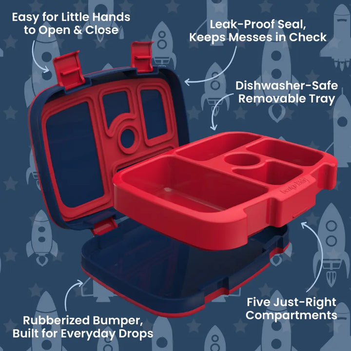 Bentgo Kids Prints with 5 Compartments, Leak-Proof Bento Lunch Box, BPA &amp; PFAS-Free, Microwave &amp; Dishwasher Safe Tray,  3–7 Years - Space Rocket