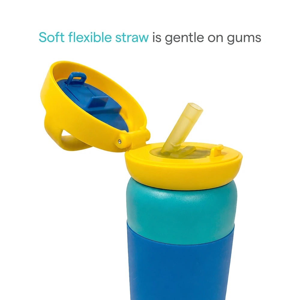 Munchkin Stay Cool Insulated Water Bottle, 355ml/ 12oz, Toddler Straw Bottle, With Flip Flop Lid &amp; Carrying Handle, Spill Proof valve, 24+ Months - Blue
