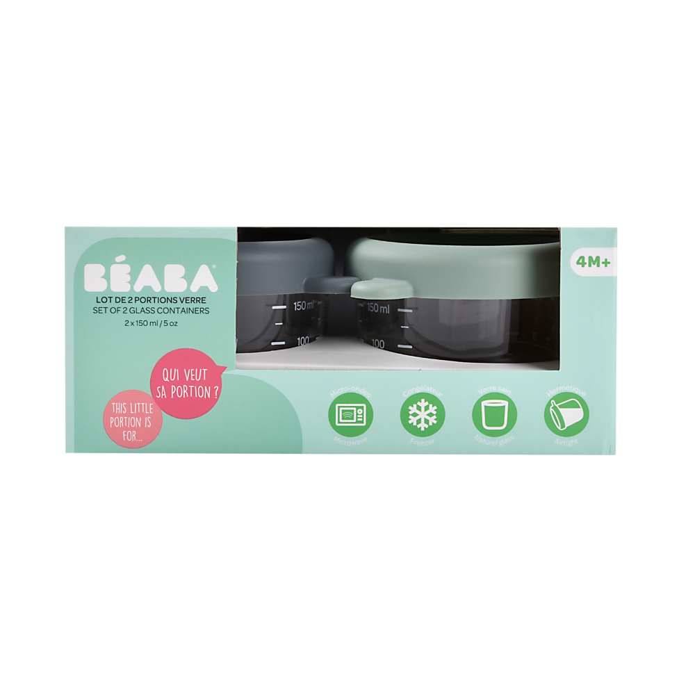 Beaba Set of 2 Glass Food Storage Containers 150 ml - Sage Green & Mineral