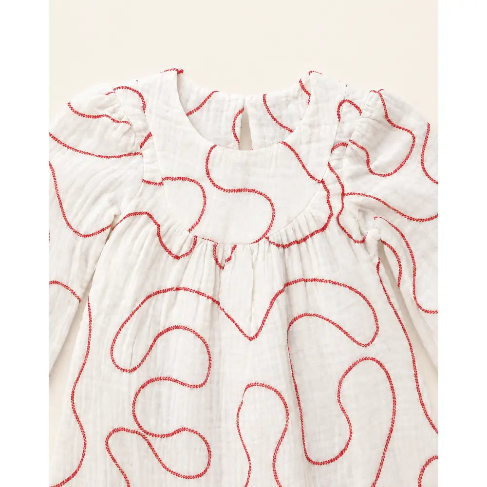 Sweetlime By AS Abstract Embroidery Cotton Dress with Full Sleeves -  Red &amp; White