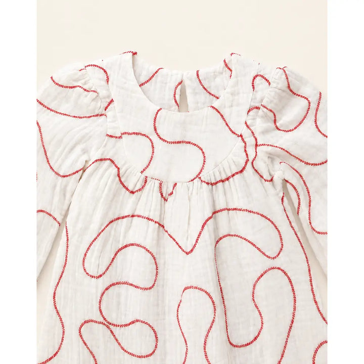 Sweetlime By AS Abstract Embroidery Cotton Dress with Full Sleeves -  Red &amp; White