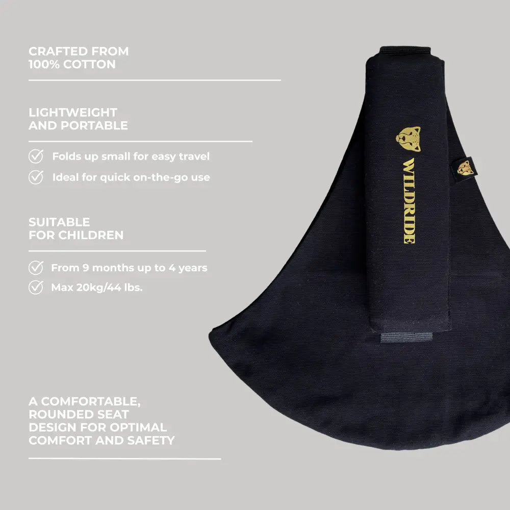Wildride Toddler Carrier | Lightweight 100% Cotton Hip Seat Baby Carrier for Toddlers 9 Months–4 Years | Ergonomic, Portable &amp; Travel-Friendly Child Carrier | Comfortable Alternative to Stroller for Everyday Use - Black