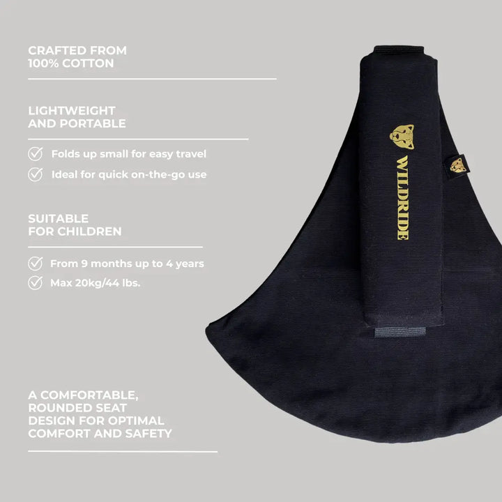 Wildride Toddler Carrier | Lightweight 100% Cotton Hip Seat Baby Carrier for Toddlers 9 Months–4 Years | Ergonomic, Portable &amp; Travel-Friendly Child Carrier | Comfortable Alternative to Stroller for Everyday Use - Black