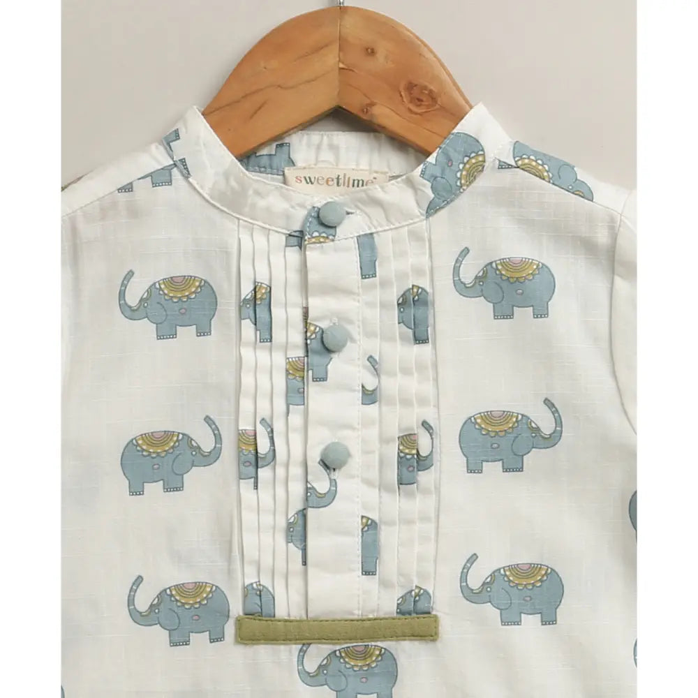 Sweetlime By AS Baby Boys Elephant Printed Cotton Kurta with Olive Cotton Pants Co-ord Set - White &amp; Olive Green
