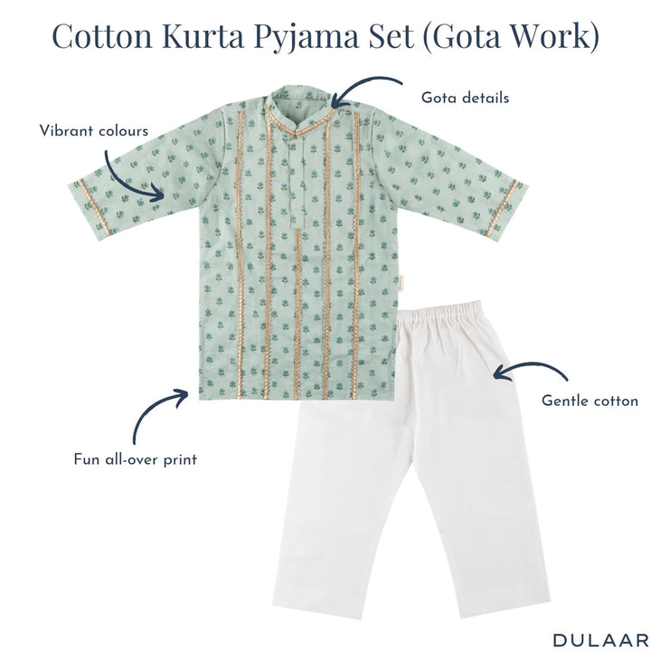 Dulaar Cotton Kurta Pyjama Set for Boys | Hand-Block Printed (Gota Work)-Flowers from Sanganer (Sky)