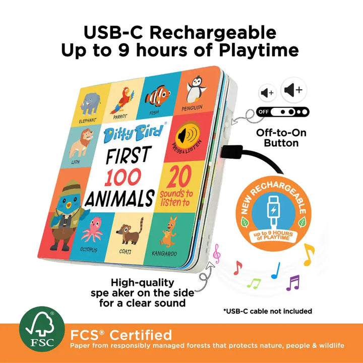 Ditty Bird Musical Book - Fun &amp; Interactive Nursery Rhyme Book for Toddlers, Baby Sound &amp; Music Book, 12M+, USB-C Rechargable - First 100 Animals