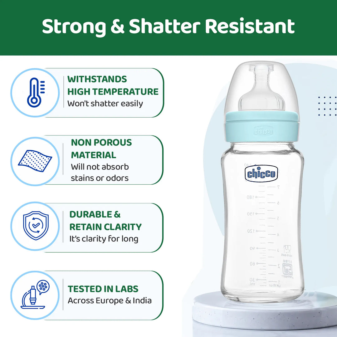 Chicco Well-Being Glass Feeding Bottle (240ml, Medium Flow) - Blue