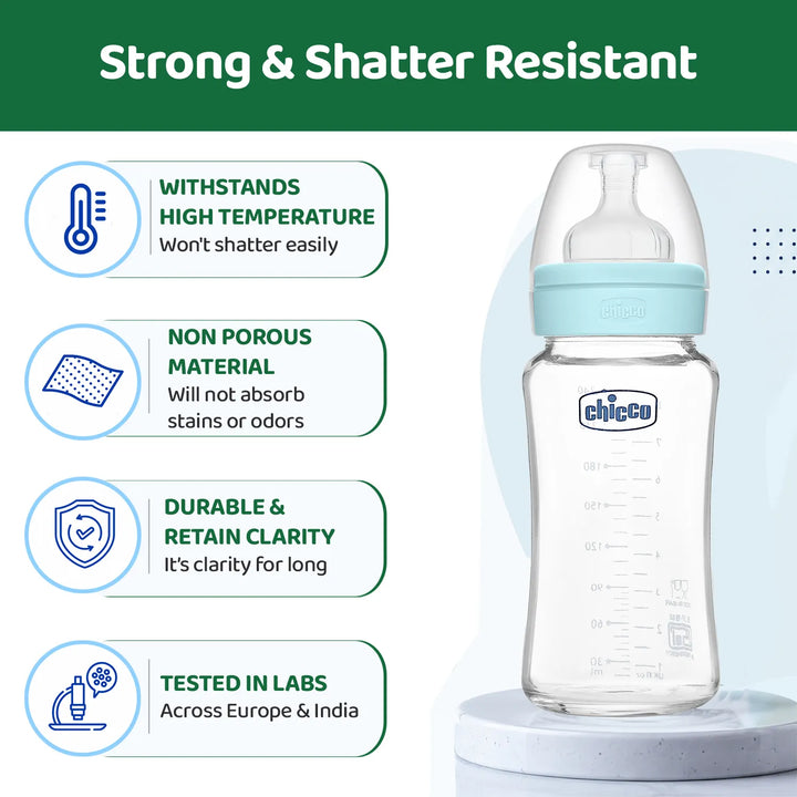 Chicco Well-Being Glass Feeding Bottle (240ml, Medium Flow) - Blue