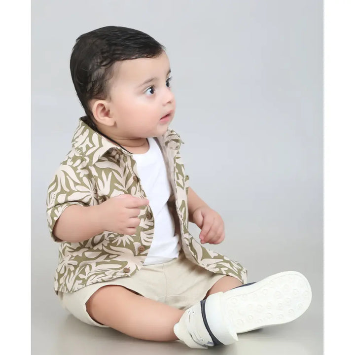 Sweetlime By AS Baby Boys Tropical Bloom Cotton Co-ord Set - Olive &amp; Beige