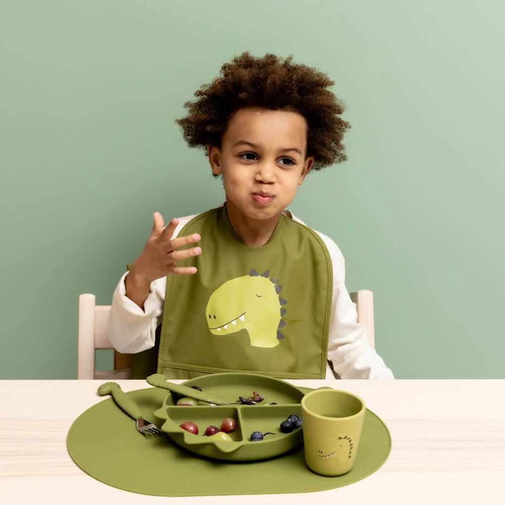 Trixie Waterproof Baby Bib Set | 2-Pack Feeding Bibs with Food Catcher Pocket, Adjustable Closure &amp; Easy-Clean Design | 3 Months Onwards | Mr. Dino