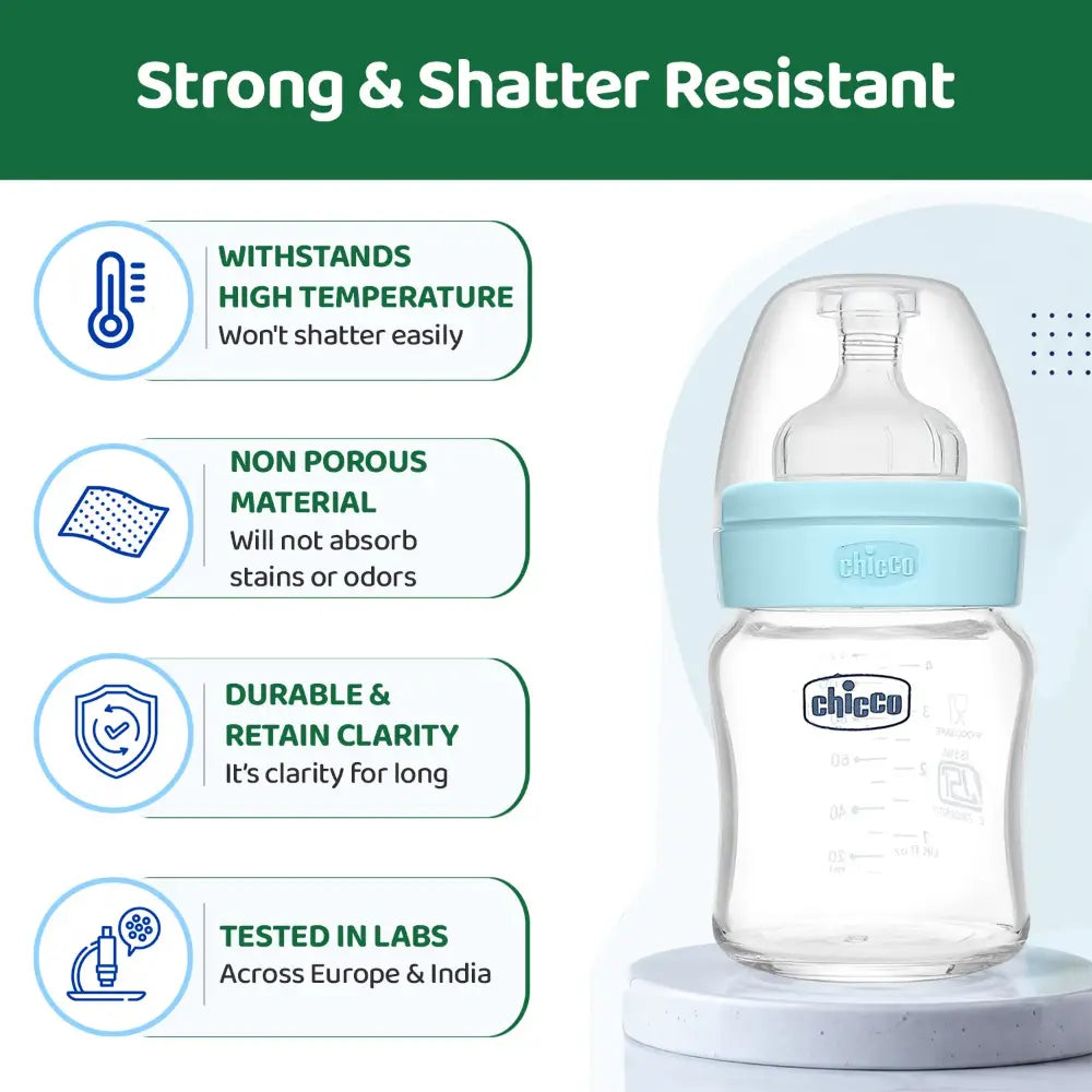 Chicco Well-Being Glass Feeding Bottle (120ml, Slow Flow) - Blue
