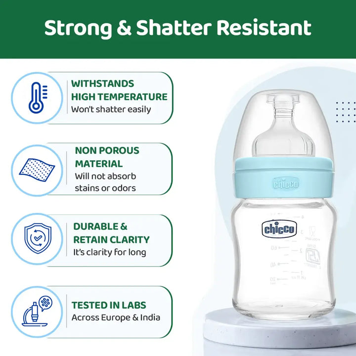 Chicco Well-Being Glass Feeding Bottle (120ml, Slow Flow) - Blue