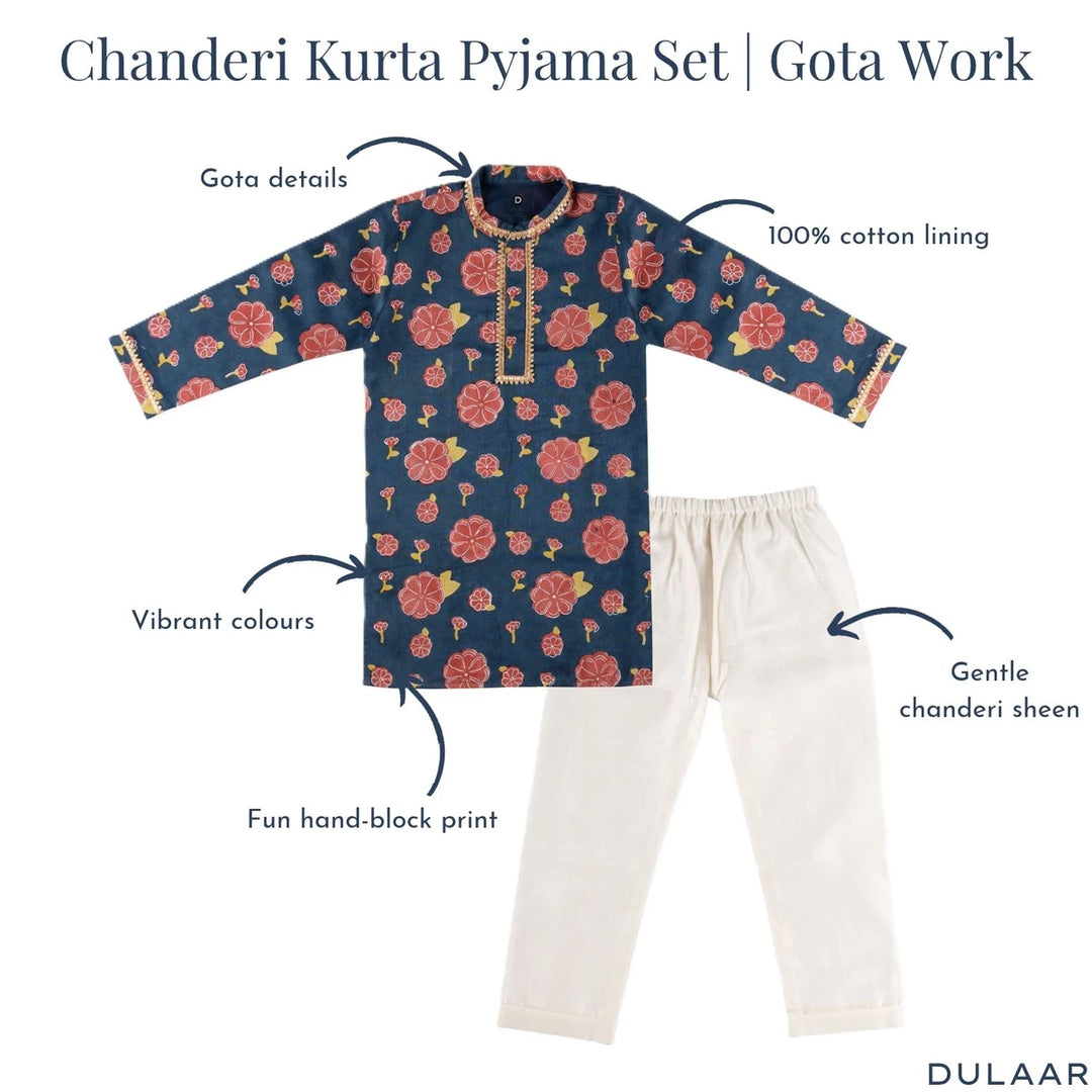 Dulaar Chanderi Kurta Pyjama Set for Boys | Hand-Block Printed (Gota Work)-Genda Phool (Midnight)