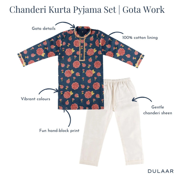 Dulaar Chanderi Kurta Pyjama Set for Boys | Hand-Block Printed (Gota Work)-Genda Phool (Midnight)
