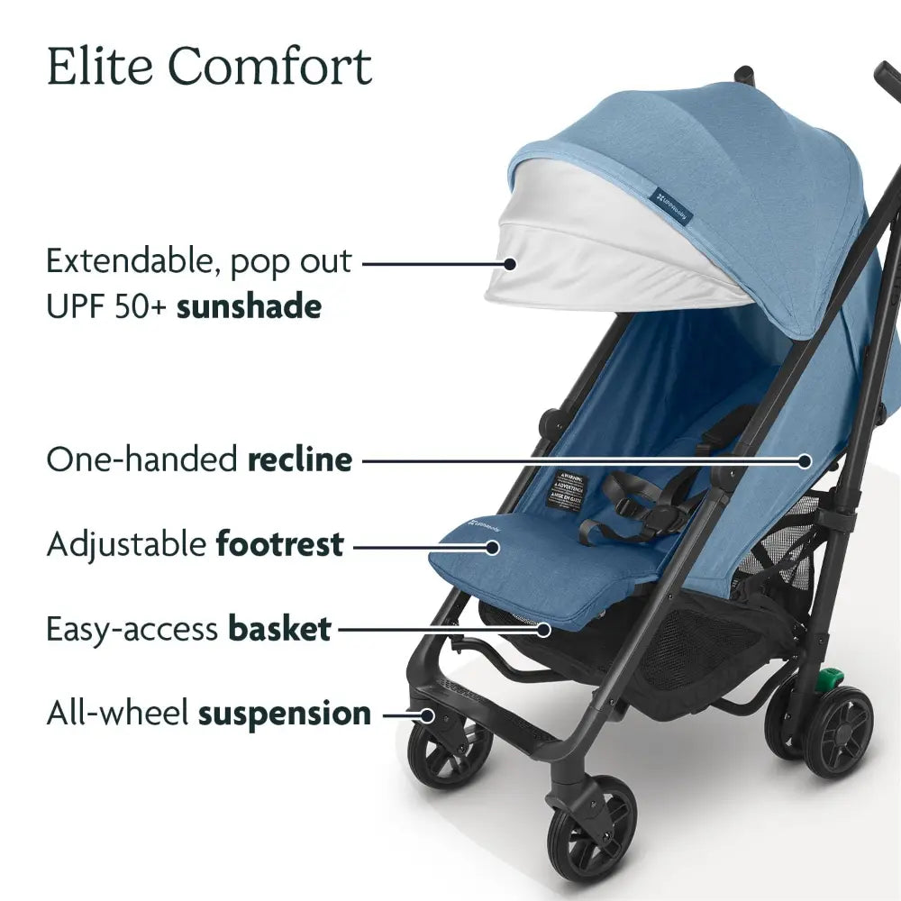 UPPAbaby G-Luxe Lightweight Compact Stroller, Easy Fold, Flat Recline, Travel Friendly, Includes Cup Holder, Carry Strap, Sun Canopy up to 4 years - Blue/Charlotte