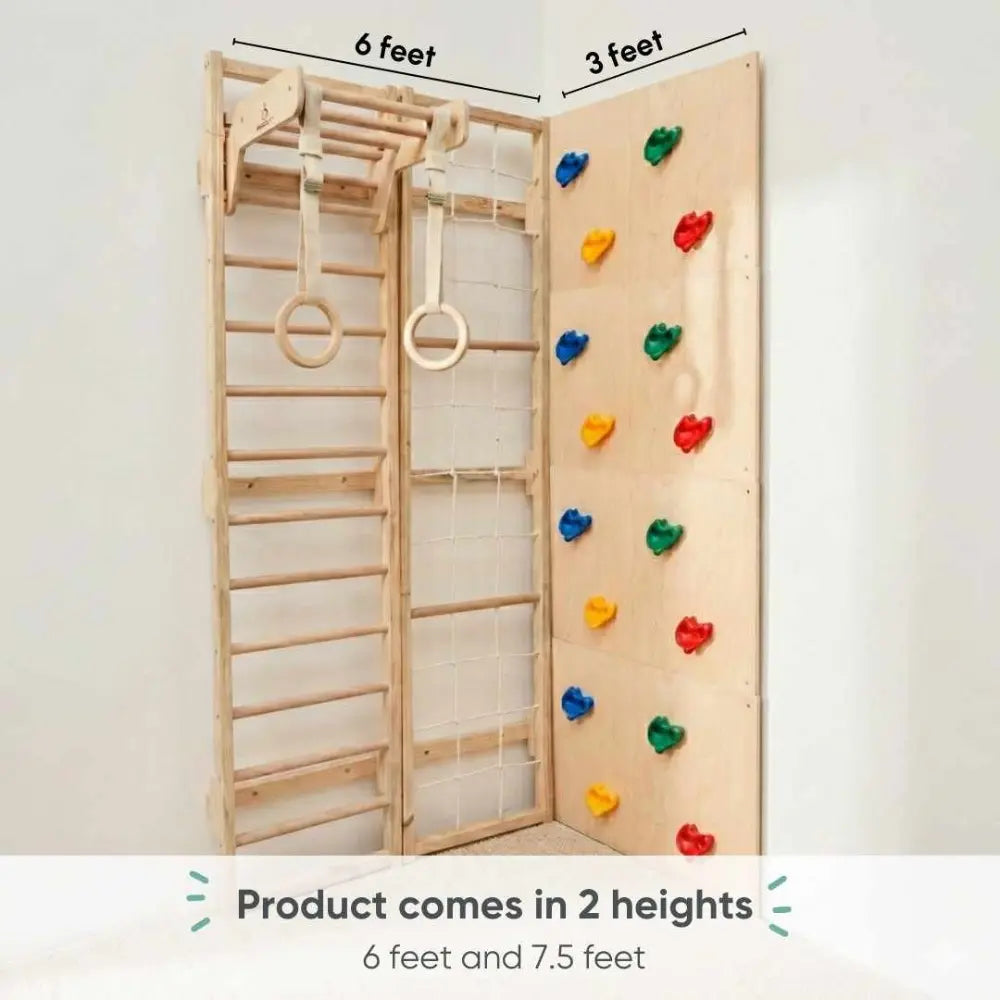 Curious Cub L-Shaped Corner Jungle Gym | 5 Components - Wooden Ladder, Moveable Monkey Bar, Rock Climbing, Rope ladder, Gymnastic Rings | Ages 4-15 Years
