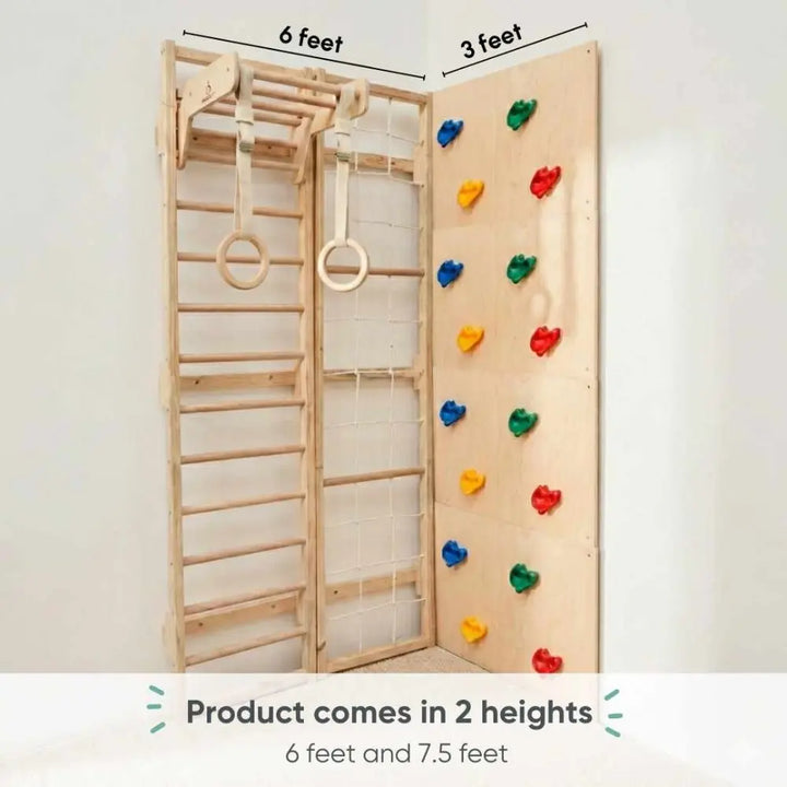 Curious Cub L-Shaped Corner Jungle Gym | 5 Components - Wooden Ladder, Moveable Monkey Bar, Rock Climbing, Rope ladder, Gymnastic Rings | Ages 4-15 Years