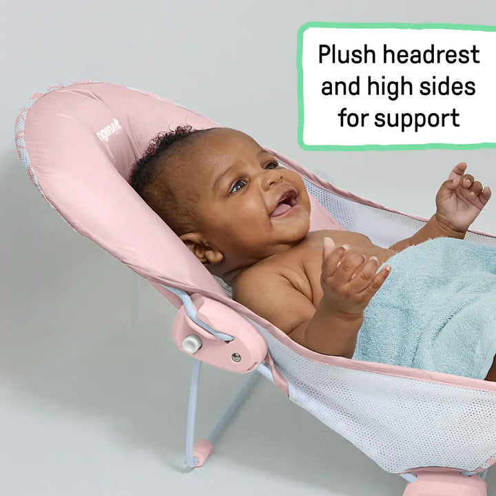 Ingenuity FoldAway 2-Position Baby Bath Bather with Mesh Sling &amp; Headrest, Pink, 0–6 Months, Upto 9 kgs