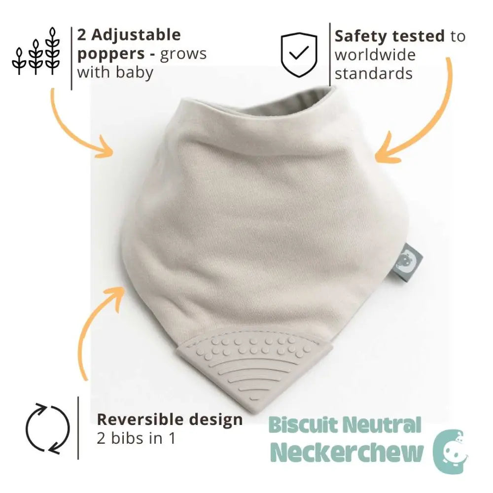 Cheeky Chompers Neckerchew Teething Bib for Babies &amp; Toddlers, Reversible Dribble Bib with Attached Silicone Teether, BPA-Free, Super Absorbent, 2–24 Months - Biscuit