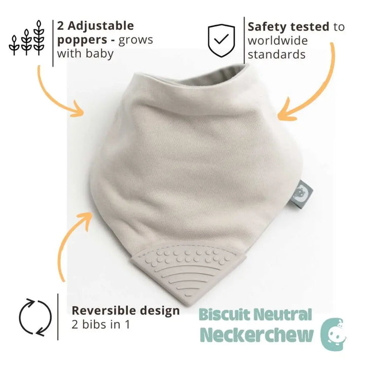 Cheeky Chompers Neckerchew Teething Bib for Babies &amp; Toddlers, Reversible Dribble Bib with Attached Silicone Teether, BPA-Free, Super Absorbent, 2–24 Months - Biscuit