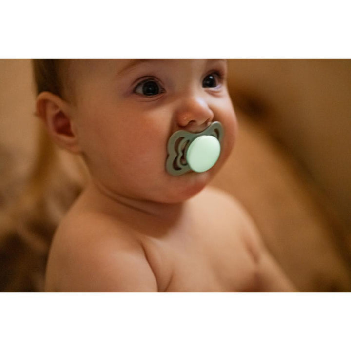 BIBS Glow in the Dark Silicone Symmetrical Nipple Pacifier Size 2 - Pack of 2 (Supreme) - Blush &amp; Vanilla