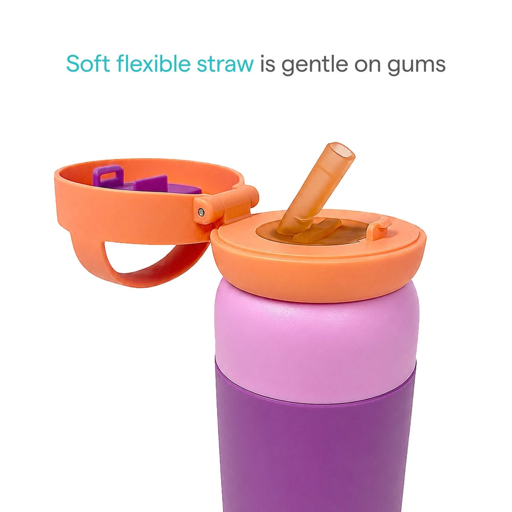 Munchkin Stay Cool Insulated Water Bottle, 355ml/ 12oz, Toddler Straw Bottle, With Flip Flop Lid &amp; Carrying Handle, Spill Proof valve, 24+ Months - Purple