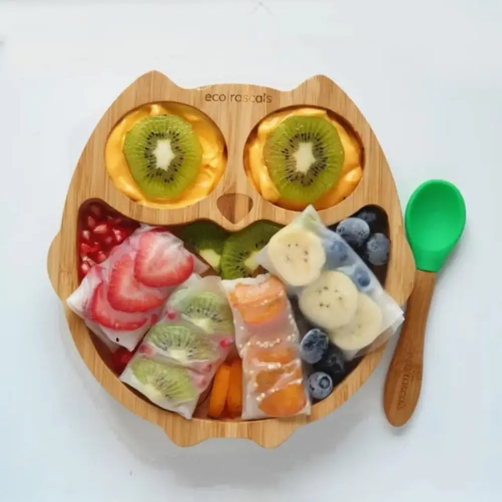 Eco Rascals Bamboo Owl Shaped Plate - Baby Led Weaning, 3 Section Plate - Non Toxic, Natural Bamboo with Strong Suction, FDA Approved, 100% Silicone Suction Bases, BPA-PVC Free - Green